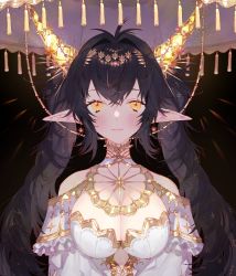 Rule 34 | 1girl, bad id, bad pixiv id, black hair, blush, breasts, cleavage, highres, horns, large breasts, lips, long hair, looking at viewer, naomasap, original, pointy ears, sidelocks, solo, star (symbol), star print, twintails, upper body, yellow eyes