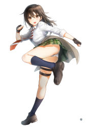 Rule 34 | 1girl, ass, black footwear, blue socks, brown eyes, brown hair, clothes around waist, collared shirt, coppelion, fighting stance, full body, green skirt, hair between eyes, hand up, hieung, jacket, jacket around waist, kneehighs, leg up, loafers, long hair, looking at viewer, miniskirt, naruse ibara, necktie, open mouth, outstretched arm, panties, pantyshot, plaid, plaid skirt, pleated skirt, round teeth, school uniform, shirt, shoes, short sleeves, simple background, skirt, sleeves past elbows, sleeves rolled up, socks, solo, standing, standing on one leg, striped necktie, striped neckwear, teeth, thigh strap, underwear, upskirt, white background, white panties, white shirt, wing collar