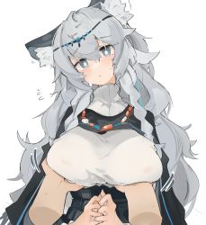 Rule 34 | 1girl, animal ear fluff, animal ears, arknights, bead necklace, beads, black cloak, blush, braid, breast lift, breasts, circlet, cloak, commentary, covered erect nipples, disembodied hand, grey eyes, hair between eyes, head tilt, highres, jewelry, large breasts, leopard ears, long hair, looking at viewer, mikozin, motion lines, necklace, own hands clasped, own hands together, parted lips, pov, pramanix (arknights), ribbed sweater, side braids, silver hair, simple background, solo focus, sweat, sweatdrop, sweater, tareme, turtleneck, turtleneck sweater, twin braids, upper body, wavy hair, white background, white sweater