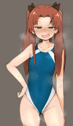Rule 34 | 1girl, blush, brown hair, collarbone, girls und panzer, grey background, hair ribbon, hand on own hip, heavy breathing, highres, kadotani anzu, long hair, looking at viewer, ngc20701, one-piece swimsuit, open mouth, ribbon, school swimsuit, simple background, solo, steam, swimsuit, twintails