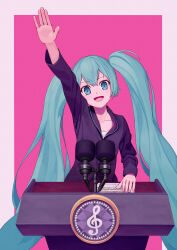 Rule 34 | 1girl, absurdres, aqua eyes, aqua hair, arm up, black dress, black jacket, blue eyes, blue hair, collarbone, dress, hatsune miku, highres, jacket, lectern, long hair, looking at viewer, microphone, musical note, open mouth, partially unzipped, pink background, pink nails, s&#039;il vous president, sheet music, shirt, simple background, smile, solo, turu, twintails, very long hair, vocaloid, white shirt