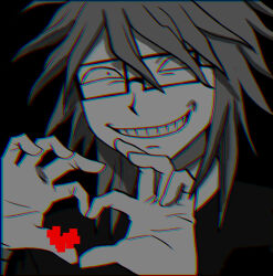 1boy black_background commentary english_commentary grin hands_up heart heart_hands looking_at_viewer male_focus randal&#039;s_friends randal_ivory short_hair simple_background smile solo spot_color szmgm upper_body