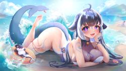 Rule 34 | 1girl, absurdres, ahoge, barefoot, beach, belt collar, bird, black hair, blue eyes, body markings, breasts, cetacean tail, cleavage, collar, colored inner hair, commission, facial mark, feet, fins, fish, fish tail, heart, heart-shaped pupils, heart ahoge, highres, indie virtual youtuber, innertube, large breasts, lil noot, long hair, looking at viewer, lying, multicolored hair, on stomach, one-piece swimsuit, open mouth, orca girl, purple hair, seagull, see-through swimsuit, shylily, shylily (3rd costume), skindentation, smile, soles, streaked hair, swim ring, swimsuit, symbol-shaped pupils, tail, toes, virtual youtuber, waves, wet, white hair, white one-piece swimsuit