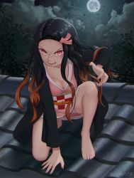Rule 34 | 1girl, absurdres, angry, architecture, black hair, breasts, checkered sash, claw pose, cleavage, cloud, east asian architecture, eye contact, facing viewer, fangs, fingernails, forehead, full body, full moon, hair ribbon, highres, huge filesize, japanese clothes, kamado nezuko, kimetsu no yaiba, kimono, kneeling, krisyyy, long hair, long sleeves, looking at another, looking at viewer, medium breasts, moon, multicolored hair, night, night sky, open mouth, orange hair, outdoors, parted bangs, parted hair, pink eyes, pink kimono, pink ribbon, print kimono, rage face, ribbon, rooftop, sky, solo, star (sky), star (symbol), starry background, starry sky, teeth, tree, very long hair, wide sleeves