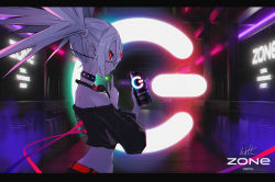 Rule 34 | 1girl, bare shoulders, belt, black collar, can, collar, english text, eyepatch, eyeshadow, fingernails, glowing, grey hair, highres, holding, holding can, long fingernails, long hair, makeup, mouth visible through hair, navel, original, palow, power symbol, red eyes, signature, smile, solo, spiked collar, spikes, twintails