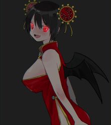 Rule 34 | 1girl, :d, bare arms, bare shoulders, bat wings, black hair, black wings, breasts, china dress, chinese clothes, chromatic aberration, corona-chan, coronavirus, coronavirus pandemic, dress, fang, from side, glowing, glowing eyes, grey background, hair between eyes, hair ornament, highres, large breasts, looking at viewer, mini wings, open mouth, original, p p p99, red dress, red eyes, short hair, skull, sleeveless, sleeveless dress, smile, solo, virus, wings