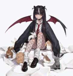 Rule 34 | 1girl, animal, black cardigan, black choker, black footwear, cardigan, choker, closed mouth, collared shirt, demon wings, double bun, fishnet pantyhose, fishnets, hair bun, jewelry, knees up, long hair, looking at viewer, loose socks, multicolored hair, necklace, necktie, on floor, open cardigan, open clothes, original, oto1 030, pantyhose, pendant choker, rabbit, red necktie, shirt, short shorts, shorts, sitting, socks, solo, streaked hair, striped necktie, white hair, white shirt, white socks, wings, yellow eyes