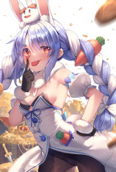 Rule 34 | 1girl, akanbe, amanuki-san, animal ear fluff, animal ears, black gloves, black leotard, blue hair, bow, braid, breasts, brown pantyhose, coin, commentary request, cowboy shot, creature, crown, detached sleeves, don-chan (usada pekora), dress, eyelid pull, eyes visible through hair, food-themed hair ornament, fur scarf, gloves, gold, hair bow, hair ornament, hand on own hip, hand up, highres, hololive, leotard, long hair, looking at viewer, medium breasts, multicolored hair, pantyhose, pekomon (usada pekora), puffy short sleeves, puffy sleeves, rabbit-shaped pupils, rabbit ears, rabbit girl, rabbit tail, red eyes, short eyebrows, short sleeves, sidelocks, standing, symbol-shaped pupils, tail, thick eyebrows, tongue, tongue out, treasure, twin braids, twintails, two-tone hair, unworn crown, usada pekora, usada pekora (1st costume), very long hair, virtual youtuber, white background, white bow, white dress, white hair