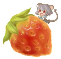 Rule 34 | 1girl, animal ears, bad id, bad pixiv id, blush, chibi, female focus, food, fruit, grey hair, mini person, minigirl, mouse ears, mouse tail, nazrin, red eyes, saliva, sinhto, solo, strawberry, tail, touhou, white background