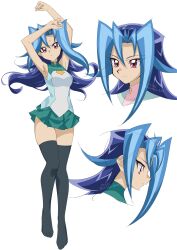 Rule 34 | 1girl, armpits, arms up, blue hair, breasts, dakimakura (medium), dyed bangs, flipped hair, full body, green skirt, highres, kamishiro rio, knhrpnkt, large breasts, long hair, looking at viewer, miniskirt, multicolored hair, multiple views, pleated skirt, red eyes, school uniform, skirt, smile, solo, thighhighs, two-tone hair, very long hair, wide hips, yu-gi-oh!, yu-gi-oh! zexal