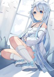 Rule 34 | 1girl, ahoge, amatsuka uto, bare shoulders, bird, blue eyes, blue footwear, blue hair, blue ribbon, blue skirt, blush, choker, closed mouth, cloud, colored tips, dress, hair ornament, hairclip, highres, indie virtual youtuber, kneehighs, layered clothes, light blue hair, multicolored hair, off shoulder, ribbon, ribbon choker, ruisha, shoulder strap, skirt, smile, socks, solo, two side up, virtual youtuber, white dress, white footwear, white socks, window, wing hair ornament