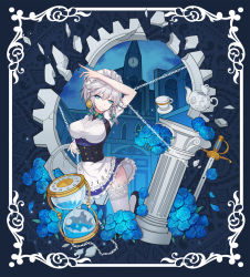 Rule 34 | 1girl, apron, arm up, black footwear, blue background, blue dress, blue eyes, blue flower, blue rose, bow, bowtie, braid, breasts, broken, broken glass, chain, clock, clock tower, closed mouth, column, commentary request, corset, cup, dress, flower, framed, frilled apron, frilled dress, frilled skirt, frills, garter straps, gears, glass, green bow, green bowtie, hair between eyes, hair bow, hair ribbon, head tilt, highres, holding, hourglass, izayoi sakuya, large breasts, leidami, looking at viewer, maid, maid headdress, medium hair, pillar, plate, pocket watch, print apron, print corset, ribbon, roman numeral, rose, sand, shoes, short sleeves, silver hair, skirt, smile, solo, sword, teacup, teapot, thighhighs, touhou, tower, tress ribbon, twin braids, waist apron, watch, weapon, white apron, white thighhighs