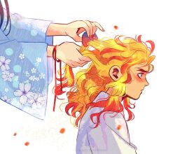 Rule 34 | 1boy, 1girl, andythelemon, black hair, blonde hair, blush, brushing hair, falling petals, floral print, head out of frame, highres, kimetsu no yaiba, looking to the side, mother and son, multicolored hair, pale skin, petals, profile, red hair, rengoku kyoujurou, rengoku ruka, sad, simple background, two-tone hair, tying hair, watermark, white background