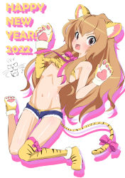 Rule 34 | absurdres, aisaka taiga, alternate costume, animal ears, animal hands, animal print, brown eyes, brown hair, chinese zodiac, claw pose, happy new year, highres, long hair, looking at viewer, md5 mismatch, new year, resolution mismatch, self-upload, solo, source smaller, tail, tiger ears, tiger girl, tiger print, tiger tail, toradora!, very long hair
