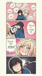 Rule 34 | 2girls, 4koma, :3, anger vein, aqua eyes, black eyes, black hair, blonde hair, blue hoodie, blue skirt, blush, brown jacket, clenched hand, comic, commentary, constricted pupils, drooling, emphasis lines, english commentary, english text, heart, heart-shaped pupils, highres, holding, hood, hood down, hoodie, jacket, long hair, looking at another, looking back, low twintails, masochism, multiple girls, nose blush, open clothes, open jacket, original, pas (paxiti), shaded face, shirt, skirt, smile, speech bubble, stylus, sweat, symbol-shaped pupils, tablet pc, twintails, twitter username, uwu, white shirt