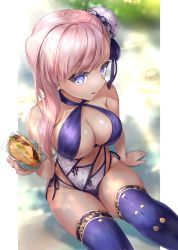 Rule 34 | 1girl, :q, absurdres, arm support, asymmetrical hair, bare shoulders, blue bow, blue eyes, blue one-piece swimsuit, blue ribbon, blue thighhighs, blurry, blurry background, blush, bow, bow swimsuit, breasts, bun cover, burger, buttons, casual one-piece swimsuit, cheese, cleavage, closed mouth, collarbone, commentary request, cowboy shot, criss-cross halter, dappled sunlight, day, depth of field, fate/grand order, fate (series), floral print, food, frills, from above, groin, hair bun, hair ribbon, halterneck, hand up, hane yuki, highleg, highleg swimsuit, highres, holding, holding food, large breasts, legs together, lettuce, light rays, light smile, long hair, looking at viewer, looking up, miyamoto musashi (fate), miyamoto musashi (fate/grand order), miyamoto musashi (swimsuit berserker) (fate), miyamoto musashi (swimsuit berserker) (third ascension) (fate), multicolored clothes, multicolored swimsuit, o-ring, o-ring swimsuit, one-piece swimsuit, outdoors, outside border, pillarboxed, print swimsuit, print thighhighs, ribbon, side-tie swimsuit, side bun, sidelocks, silver hair, single side bun, single sidelock, sitting, solo, sunbeam, sunlight, swept bangs, swimsuit, tan, thigh gap, thighhighs, thighs, tomato, tongue, tongue out, white one-piece swimsuit, wrapper