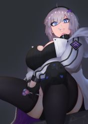 Rule 34 | 1girl, aa-12 (girls&#039; frontline), absurdres, ahoge, bags under eyes, beret, black hat, black legwear, black shorts, black sweater, blue eyes, breasts, candy, choker, cleavage, clothes writing, cowboy shot, eating, food, food in mouth, girls&#039; frontline, gloves, grey background, hair ornament, hat, highres, holding, holding food, hood, hood down, hooded jacket, huge breasts, jacket, knee pads, large breasts, lollipop, looking at viewer, looking down, myuunium, short shorts, shorts, sidelocks, silver hair, simple background, solo, striped, sweater, vertical stripes, white jacket, zipper