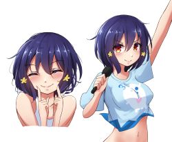 Rule 34 | 10s, 1girl, ^ ^, blue hair, blue shirt, blush, breasts, closed eyes, closed mouth, clothing cutout, covered erect nipples, crop top, dark blue hair, flower, hair between eyes, hair flower, hair ornament, hands up, highres, holding, holding microphone, index finger raised, looking at viewer, medium breasts, microphone, mistynight, mizuno ai, multiple views, navel, navel cutout, red eyes, shirt, short sleeves, simple background, t-shirt, upper body, v-shaped eyebrows, white background, yellow flower, zombie land saga