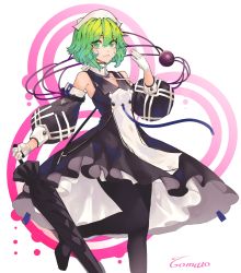 Rule 34 | 1girl, arknights, black dress, black leggings, black umbrella, closed mouth, closed umbrella, clothes lift, commentary, cosplay, detached collar, detached sleeves, dress, dress lift, english commentary, gloves, green eyes, green hair, hair between eyes, hand up, highres, holding, holding umbrella, komeiji koishi, leggings, light smile, long sleeves, looking at viewer, puffy sleeves, ribbon, short hair, signature, simple background, solo, standing, standing on one leg, tomatolover16, touhou, umbrella, whisperain (arknights), whisperain (arknights) (cosplay), white background, white gloves, white headwear