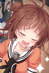 Rule 34 | 10s, 2girls, :d, ahoge, akagi (kancolle), antenna hair, blush, brown hair, double bun, elbow gloves, closed eyes, gloves, kantai collection, matanonki, microphone, multiple girls, muneate, musical note, naka (kancolle), open mouth, personification, pinky out, short hair, smile