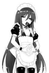 Rule 34 | 1girl, apron, candy, chocolate, chocolate heart, chocolate on body, chocolate on breasts, cowboy shot, flat chest, food, food on body, greyscale, heart, heart hands, highres, long hair, looking at viewer, maid headdress, monochrome, mouth hold, naked apron, neck ribbon, ohlia, puffy short sleeves, puffy sleeves, ribbon, shakugan no shana, shana, short sleeves, shrug (clothing), simple background, solo, thighhighs, valentine, very long hair, waist apron, white background, wristband