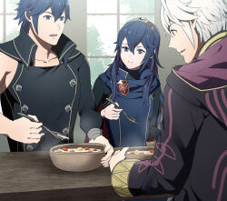 Rule 34 | 1girl, 2boys, ameno (a meno0), asymmetrical clothes, blue hair, brown eyes, chrom (fire emblem), coat, eating, fire emblem, fire emblem awakening, food, grey hair, hair between eyes, holding, holding spoon, indoors, long hair, long sleeves, looking at viewer, lucina (fire emblem), multiple boys, nintendo, open mouth, robin (fire emblem), robin (male) (fire emblem), short hair, smile, soup, spoon, steam, sweater, symbol-shaped pupils, table, tiara, window