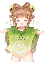 Rule 34 | 1girl, aranara (genshin impact), bare arms, bare legs, bell, bow-shaped hair, braid, brown hair, closed eyes, commentary request, genshin impact, green shirt, hair bell, hair ornament, happy, open mouth, outstretched arms, shirt, sidelocks, simple background, smile, solo, spread arms, tutsucha illust, white background, yaoyao (genshin impact)