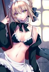 Rule 34 | 1girl, apron, artoria pendragon (alter swimsuit rider) (fate), artoria pendragon (alter swimsuit rider) (second ascension) (fate), artoria pendragon (fate), bikini, black bikini, blonde hair, braid, breasts, broom, character name, closed mouth, fate/grand order, fate (series), french braid, frilled apron, frills, hair between eyes, holding, hood, hoodie, indoors, lips, looking at viewer, maid, maid bikini, maid headdress, md5 mismatch, medium breasts, navel, nishimura eri, open clothes, open hoodie, resolution mismatch, sidelocks, solo, source larger, swimsuit, unconventional maid, upper body, waist apron, yellow eyes