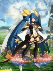 Rule 34 | 1girl, 3d, adjusting bow, animated, animated gif, arc system works, asymmetrical wings, belt, black panties, black thighhighs, blue hair, boots, bow, breasts, choker, cloud, collarbone, crossed legs, detached sleeves, dizzy (guilty gear), fingernails, gears, grass, guilty gear, guilty gear xrd, hair between eyes, hair ribbon, hair rings, high heels, idle animation, large breasts, long hair, looping animation, magic circle, midriff, monster girl, multicolored background, navel, official art, panties, pillar, red eyes, ribbon, sky, standing, sun, tail, tail ornament, tail ribbon, thick thighs, thigh strap, thighhighs, thighs, twintails, underwear, wings, yellow ribbon