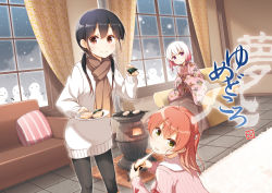 Rule 34 | 3girls, ahoge, black hair, blush, brown eyes, brown scarf, chair, closed mouth, couch, curtains, eating, food, gradient hair, holding, holding food, holding plate, indoors, long hair, long sleeves, looking at viewer, low twintails, medium hair, multicolored hair, multiple girls, original, pillow, pink hair, plate, purple eyes, red eyes, red hair, scarf, short hair, sitting, smile, snow, snowing, snowman, standing, sweater, twintails, white hair, white sweater, window, yume no owari