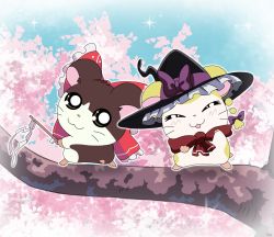 Rule 34 | 2girls, bow, cherry blossoms, dark skin, friends, hakurei reimu, hamster, hamtaro (series), hat, highres, japanese clothes, kirisame marisa, magician, miko, multiple girls, pastel colors, red ribbon, remyfive, ribbon, smile, sparkle, touhou, witch hat