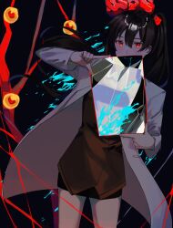Rule 34 | 1girl, aqua blood, bear hair ornament, black skirt, brain, brown hair, carmen (project moon), closed mouth, coat, collarbone, finger frame, glowing, glowing eyes, hair ornament, hands up, high ponytail, highres, lab coat, lobotomy corporation, long hair, looking at viewer, msx (mis4xi), negative, project moon, red eyes, skirt, smile, solo, the burrowing heaven, very long hair, white coat