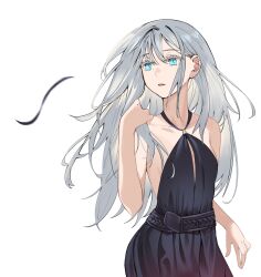 Rule 34 | 1girl, an-94 (girls&#039; frontline), an-94 (silent rouge) (girls&#039; frontline), aqua eyes, bare shoulders, belt, black dress, breasts, colored eyelashes, dress, evening gown, eyelashes, floating hair, girls&#039; frontline, gradient dress, grey hair, halter dress, halterneck, highres, long hair, official alternate costume, parted lips, simple background, small breasts, solo, talnory, white background
