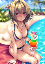 Rule 34 | 1girl, :o, bangle, bare shoulders, bikini, blue eyes, blue sky, blurry, blurry background, blush, bracelet, breasts, cloud, collarbone, cup, day, folded ponytail, green eyes, green hair, hair between eyes, heterochromia, highres, holding, holding cup, idolmaster, idolmaster cinderella girls, jewelry, looking at viewer, medium breasts, mole, mole under eye, multi-strapped bikini, necklace, open mouth, outdoors, piromizu, poolside, short hair, sidelocks, sitting, sky, solo, swimsuit, takagaki kaede, thighs, tropical drink, wet