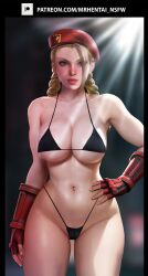 Rule 34 | 1girl, beret, bikini, blonde hair, breasts, cammy white, cleavage, curvy, hand on own hip, hat, highres, large breasts, mrhentainsfw, navel, pink lips, smile, solo, street fighter, swimsuit, thong bikini