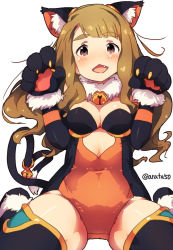 Rule 34 | 10s, 1girl, animal ears, animal hands, bad id, bad pixiv id, bell, blush, breasts, brown hair, cat ears, cat tail, cleavage, gloves, idolmaster, idolmaster million live!, long hair, looking at viewer, miyao miya, narumi arata, open mouth, paw gloves, pun, purple eyes, solo, tail, tail bell, tail ornament, twitter username