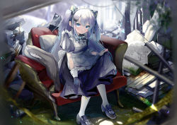 1girl, absurdres, android, apron, armchair, back bow, bandage, bandaged arm, bandages, bangs, black dress, blue eyes, blue hair, blush, bow, bowtie, breasts, chair, commentary request, cushion, dress, error message, extra ears, frilled apron, frills, gloves, gradient hair, hair ornament, hair ribbon, highres, holding, holding plant, huge filesize, loafers, long hair, looking at viewer, maid, maid apron, maid headdress, multicolored hair, original, puffy short sleeves, puffy sleeves, purple hair, ribbon, robot ears, rubble, shoes, short sleeves, sidelocks, sign, single glove, sitting, skirt hold, small breasts, solo, two side up, very long hair, warning sign, white apron, white legwear, wristband, yunmi 0527