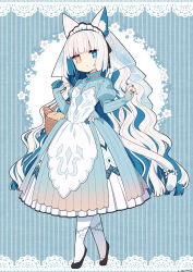 Rule 34 | + +, 1girl, animal ear fluff, animal ears, baguette, basket, black footwear, blue background, blue dress, blue eyes, blue flower, blue hair, blue nails, blue rose, bread, brooch, cat ears, cat girl, cat tail, commentary request, dress, floral background, flower, food, full body, grey hair, hands up, heterochromia, highres, jewelry, juliet sleeves, long hair, long sleeves, looking at viewer, maid headdress, multicolored hair, nail polish, original, pantyhose, parted lips, pink eyes, pleated dress, puffy sleeves, rose, shoes, sleeves past wrists, solo, standing, striped, striped background, tail, tail flower, tail ornament, tiptoes, two-tone background, two-tone hair, vertical stripes, very long hair, wavy hair, white flower, white pantyhose, yuzuki gao