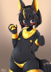 Rule 34 | 1girl, bad id, bad twitter id, black hair, blue eyes, blush, bracelet, egyptian, female focus, flat chest, furry, furry female, gold hair, gold legwear, gradient background, highres, jewelry, multicolored hair, navel, original, shiitakemeshi, solo, thighhighs, tongue, tongue out, topless, wide hips