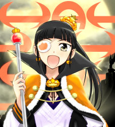 Rule 34 | 1girl, bad id, bad pixiv id, black hair, brown eyes, cape, crown, earrings, eyepatch, food-themed hair ornament, hair ornament, halloween, jack-o&#039;-lantern, jack-o&#039;-lantern earrings, jewelry, laughing, long hair, ponytail, pumpkin, pumpkin hair ornament, sakamoto mio, sayu (mio-mosa), scepter, solo, strike witches, world witches series