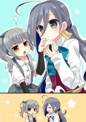 Rule 34 | 10s, 2girls, ^ ^, ahoge, arm warmers, brown eyes, buttons, closed eyes, collared shirt, eating, closed eyes, food, fume, grey hair, hair ribbon, kantai collection, kasumi (kancolle), kiyoshimo (kancolle), long hair, multiple girls, nagasioo, onigiri, open mouth, pleated skirt, ribbon, school uniform, scratching head, shirt, side ponytail, skirt, suspenders, tasting, twintails, white shirt
