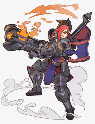 Rule 34 | 1girl, absurdres, armor, armored boots, ash (paladins), black hair, boots, brown eyes, fire, flag, gloves, gun, hair over one eye, highres, multicolored hair, paladins, red hair, short hair, simple background, solo, splashbrush, two-tone hair, weapon, white background