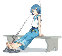 Rule 34 | 1girl, arm at side, bare shoulders, barefoot, bench, blue eyes, blue hair, blue one-piece swimsuit, blue pants, blue sailor collar, blunt bangs, blush, bob cut, capri pants, closed mouth, covered navel, creatures (company), feet, female focus, fishing rod, flat chest, full body, game freak, grey footwear, happy, heart, heart-shaped pupils, highres, lana (pokemon), legs together, looking at viewer, nintendo, on bench, one-piece swimsuit, pants, pokemon, pokemon (creature), pokemon sm, sailor collar, sandals, shirt, short hair, sidelocks, simple background, sitting, sleeveless, sleeveless shirt, smile, soles, solo, super xo-plus, swimsuit, swimsuit under clothes, symbol-shaped pupils, toes, unworn sandals, white background, white shirt