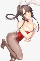 Rule 34 | 10s, 1girl, absurdres, animal ears, blush, breast hold, breasts, brown hair, brown pantyhose, choker, crossed arms, fake animal ears, feet, floating hair, from side, green eyes, grey background, hair ribbon, hairband, hareno chiame, highres, kirasaka sayaka, large breasts, leg lift, leg up, leotard, long hair, looking at viewer, no shoes, pantyhose, parted lips, playboy bunny, rabbit ears, rabbit tail, red leotard, ribbon, see-through, sidelocks, simple background, solo, standing, standing on one leg, strike the blood, tail, wrist cuffs