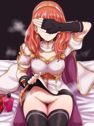 Rule 34 | 1girl, bad id, bad twitter id, bed, bed sheet, black thighhighs, book, bottle, cape, celica (fire emblem), clothes lift, covering own eyes, detached collar, dress, earrings, female pubic hair, fingerless gloves, fire emblem, fire emblem echoes: shadows of valentia, fire emblem heroes, gloves, hairband, hidden eyes, highres, jewelry, lifting own clothes, long hair, nintendo, no panties, pubic hair, red hair, simple background, sitting, skirt, skirt lift, smile, solo, steam, sweatdrop, thighhighs, tiara, white dress, yuguraniru