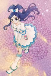 Rule 34 | 1girl, abstract background, aizen (syoshiyuki), arm warmers, black eyes, black hair, boots, bow, closed mouth, collarbone, cure white, dress, earrings, full body, futari wa precure, hair bow, hair ornament, half updo, heart, heart earrings, heart hair ornament, highres, jewelry, knee boots, leg warmers, long hair, looking at viewer, magical girl, precure, purple background, smile, solo, sparkle, white bow, white dress, white footwear, yukishiro honoka