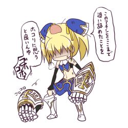 Rule 34 | 1girl, armored gloves, blonde hair, blue bow, blue skirt, bow, damaged, flat chest, gauntlets, hair ornament, injury, lowres, mika returna, short twintails, skirt, syank, twintails, under night in-birth, under night in-birth exe:late[st], yellow eyes