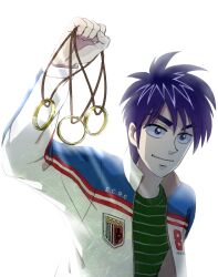 Rule 34 | 1boy, arm up, backlighting, black eyes, blue jacket, clenched hand, closed mouth, commentary request, fingernails, green shirt, holding, holding jewelry, holding necklace, jacket, jewelry, kantera (huraigon), letter, long sleeves, male focus, medium bangs, necklace, open clothes, open jacket, purple hair, ring, ring necklace, shirt, short hair, simple background, smile, solo, star (symbol), striped clothes, striped jacket, striped shirt, tobaku haouden zero, ukai zero, upper body, white background, white jacket