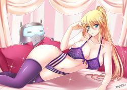 Rule 34 | 1girl, :o, = =, artist name, bare shoulders, bed, blonde hair, blue eyes, blush, bra, breasts, canopy bed, cleavage, collarbone, dated, front-tie top, highleg, highleg panties, large breasts, long hair, looking at viewer, lying, navel, on bed, on side, original, panties, pillow, ponytail, purple bra, purple panties, purple thighhighs, robot, sleeveless, solo, sparkle, the-sinner, thighhighs, underboob, underwear