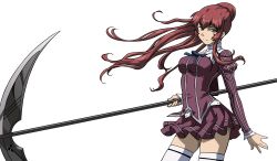 Rule 34 | 1girl, absurdres, arnett mcmillian, freezing (series), highres, long hair, ponytail, red hair, red theme, ribbon, school uniform, scythe, simple background, skirt, solo, thighhighs, transparent background, vector trace, weapon